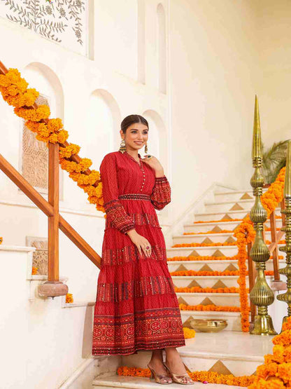 Rust Georgette Printed Maxi Dress