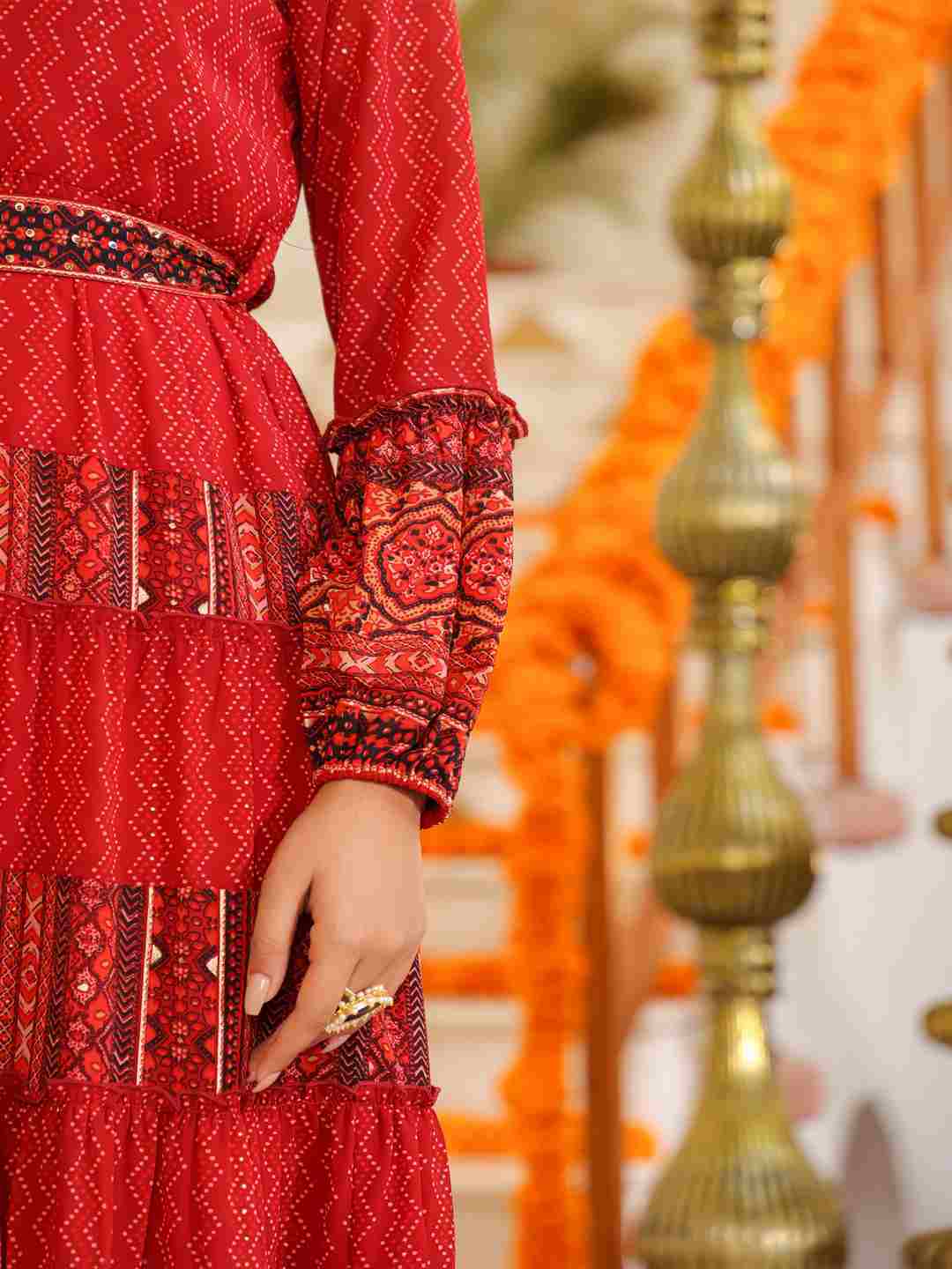 Rust Georgette Printed Maxi Dress