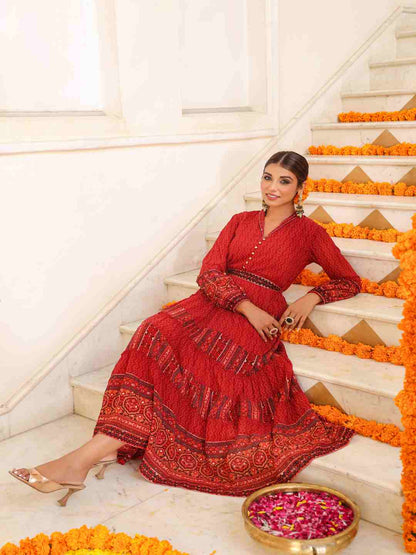 Rust Georgette Printed Maxi Dress