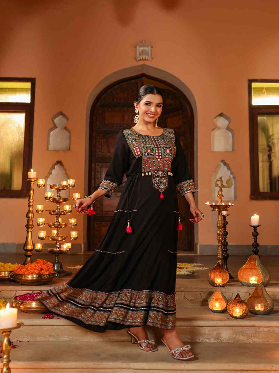 Black Rayon Staple Printed Tiered Maxi Dress