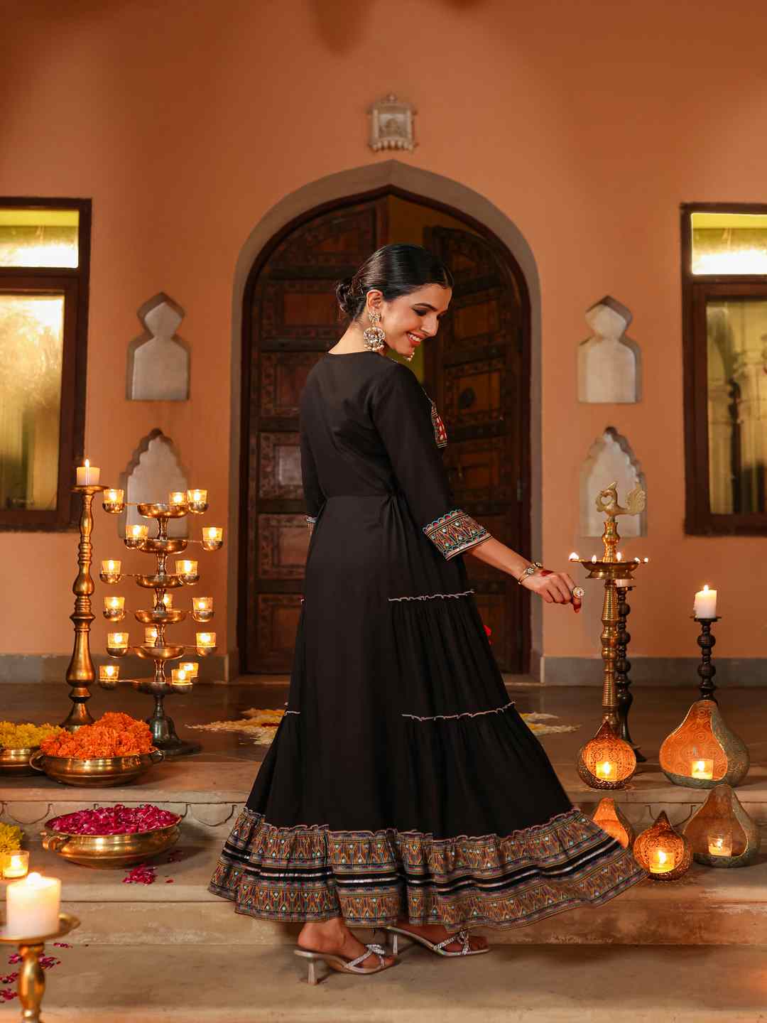 Black Rayon Staple Printed Tiered Maxi Dress