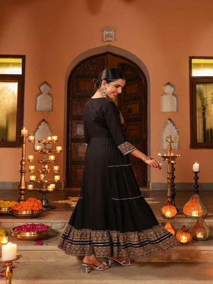 Black Rayon Staple Printed Tiered Maxi Dress