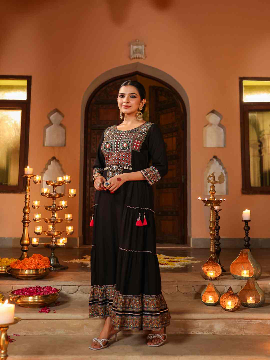 Black Rayon Staple Printed Tiered Maxi Dress