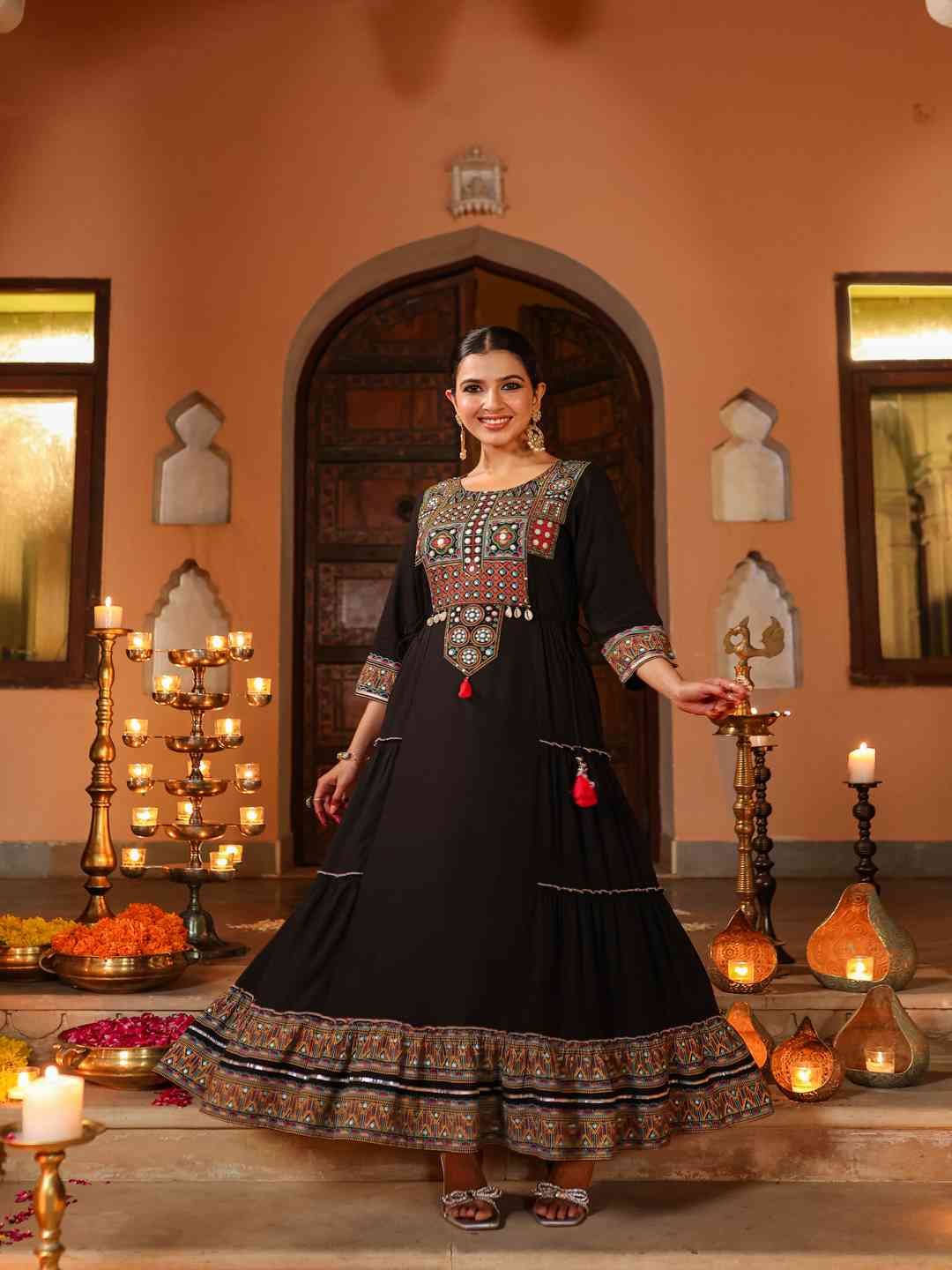 Black Rayon Staple Printed Tiered Maxi Dress