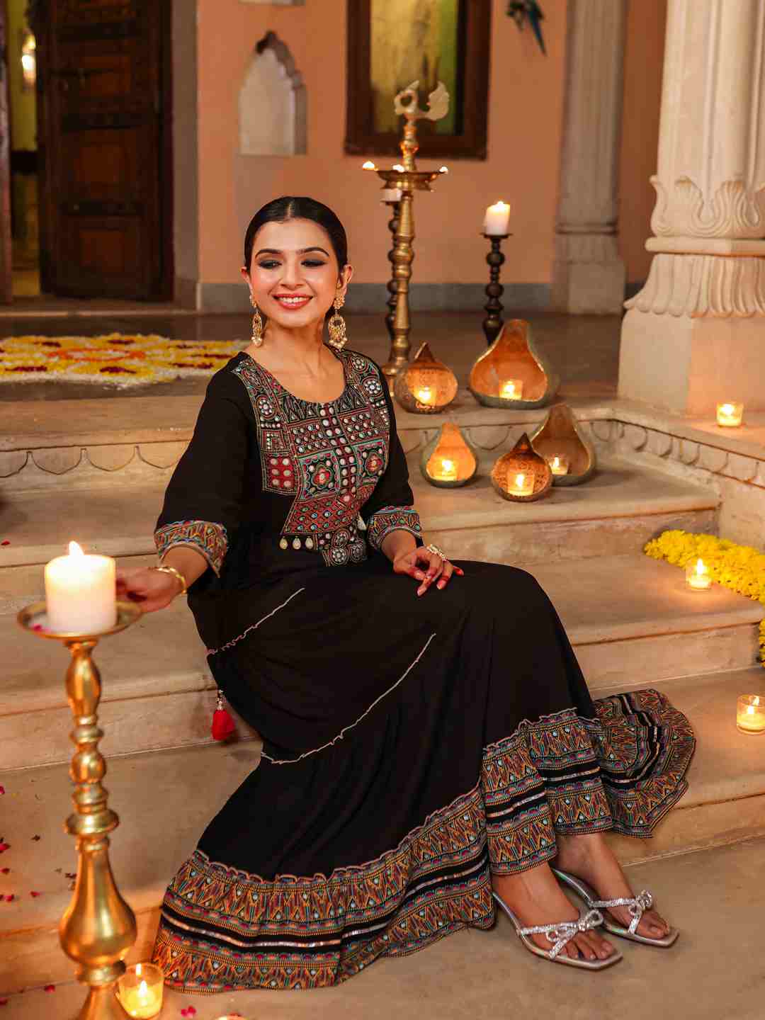 Black Rayon Staple Printed Tiered Maxi Dress