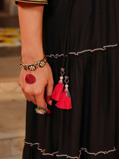 Black Rayon Staple Printed Tiered Maxi Dress