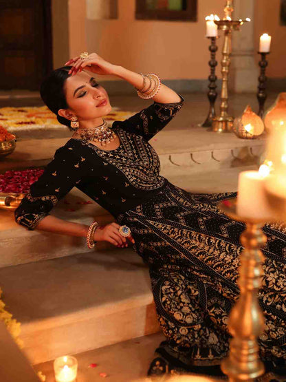 Black Rayon Printed Anarkali Dress