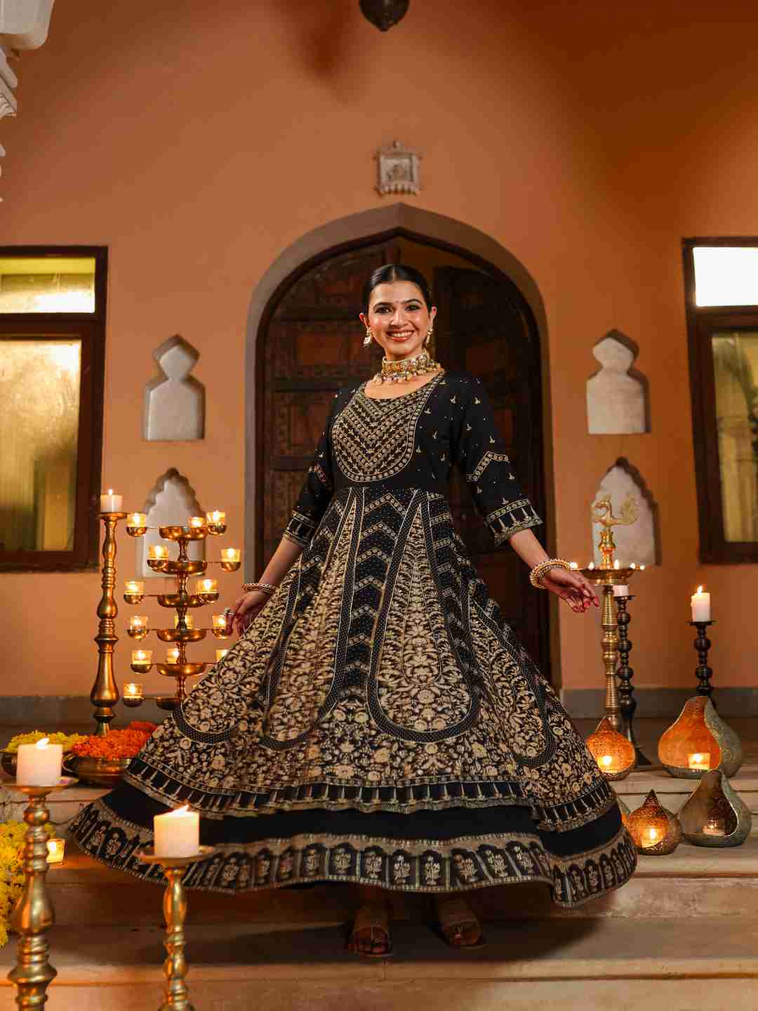 Black Rayon Printed Anarkali Dress