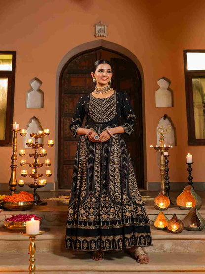 Black Rayon Printed Anarkali Dress