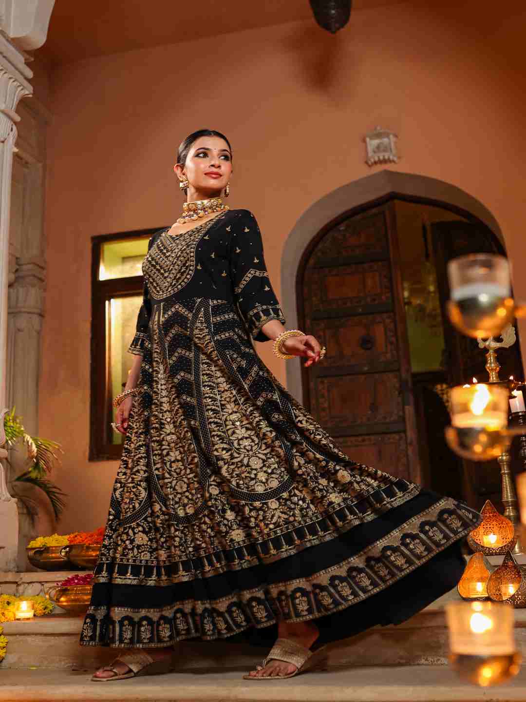 Black Rayon Printed Anarkali Dress