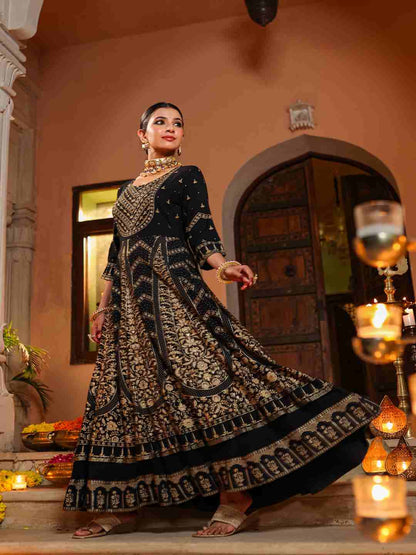 Black Rayon Printed Anarkali Dress