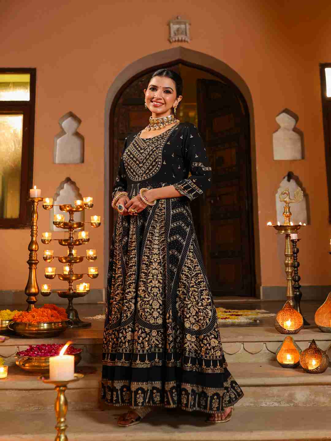 Black Rayon Printed Anarkali Dress