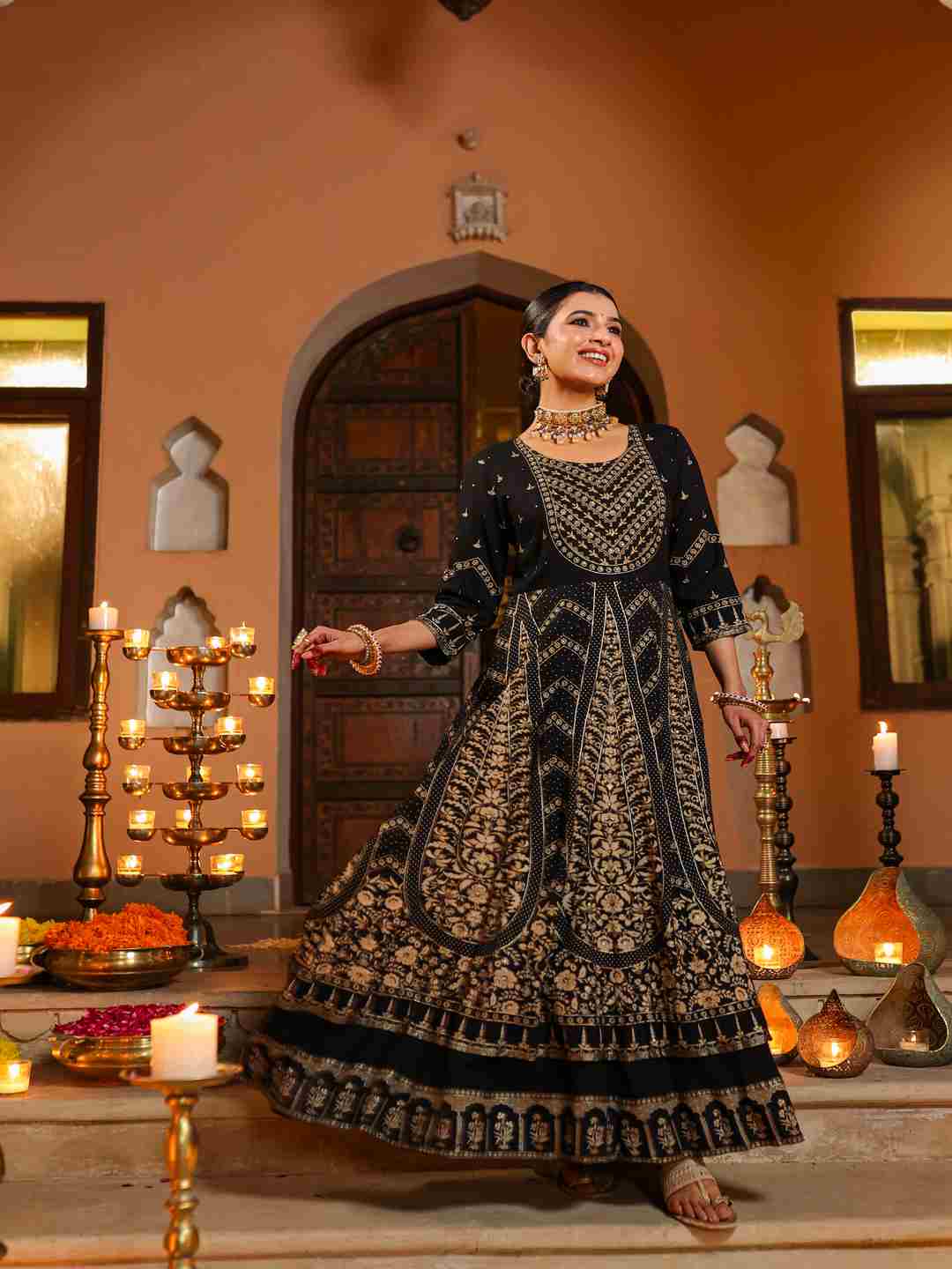 Black Rayon Printed Anarkali Dress