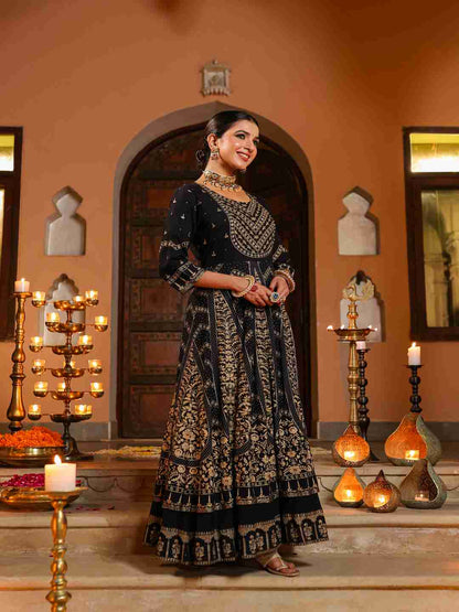Black Rayon Printed Anarkali Dress