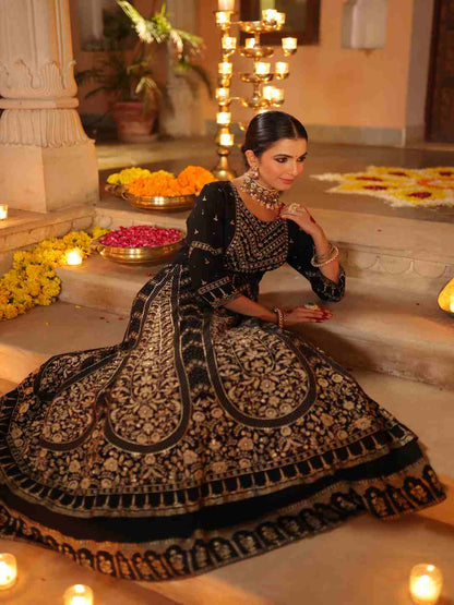 Black Rayon Printed Anarkali Dress