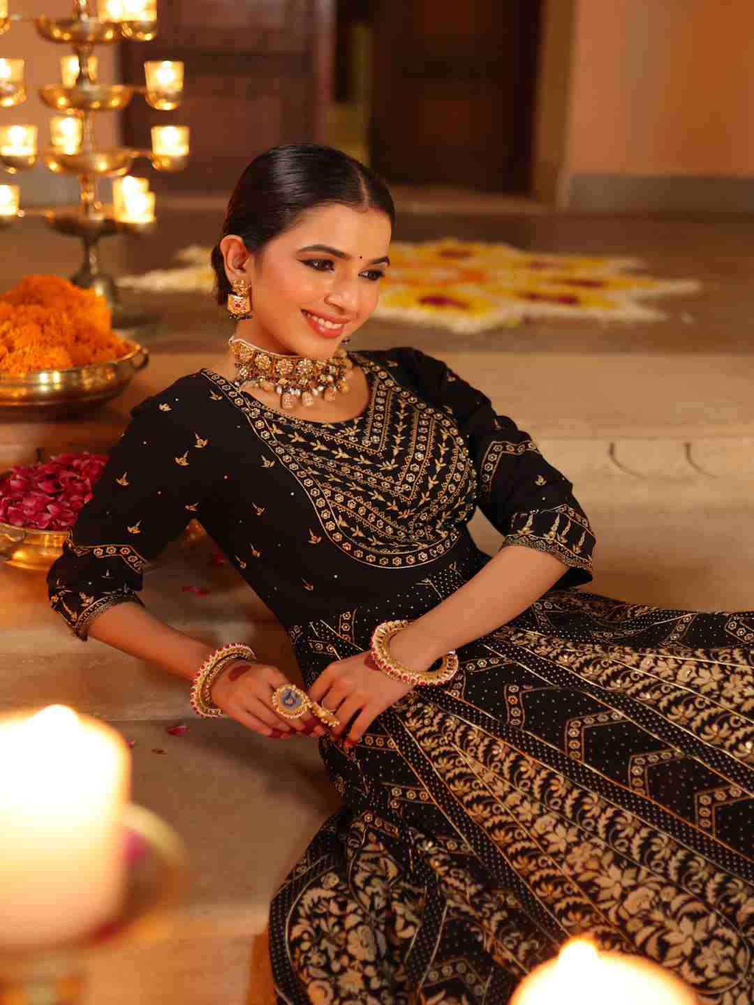 Black Rayon Printed Anarkali Dress