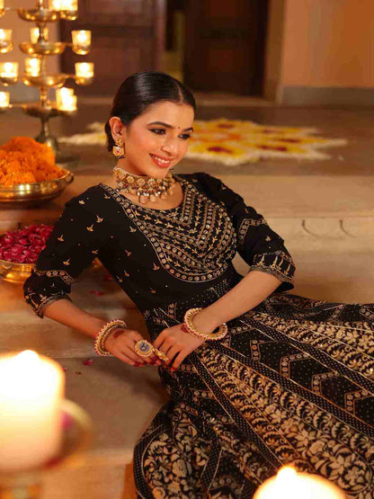 Black Rayon Printed Anarkali Dress