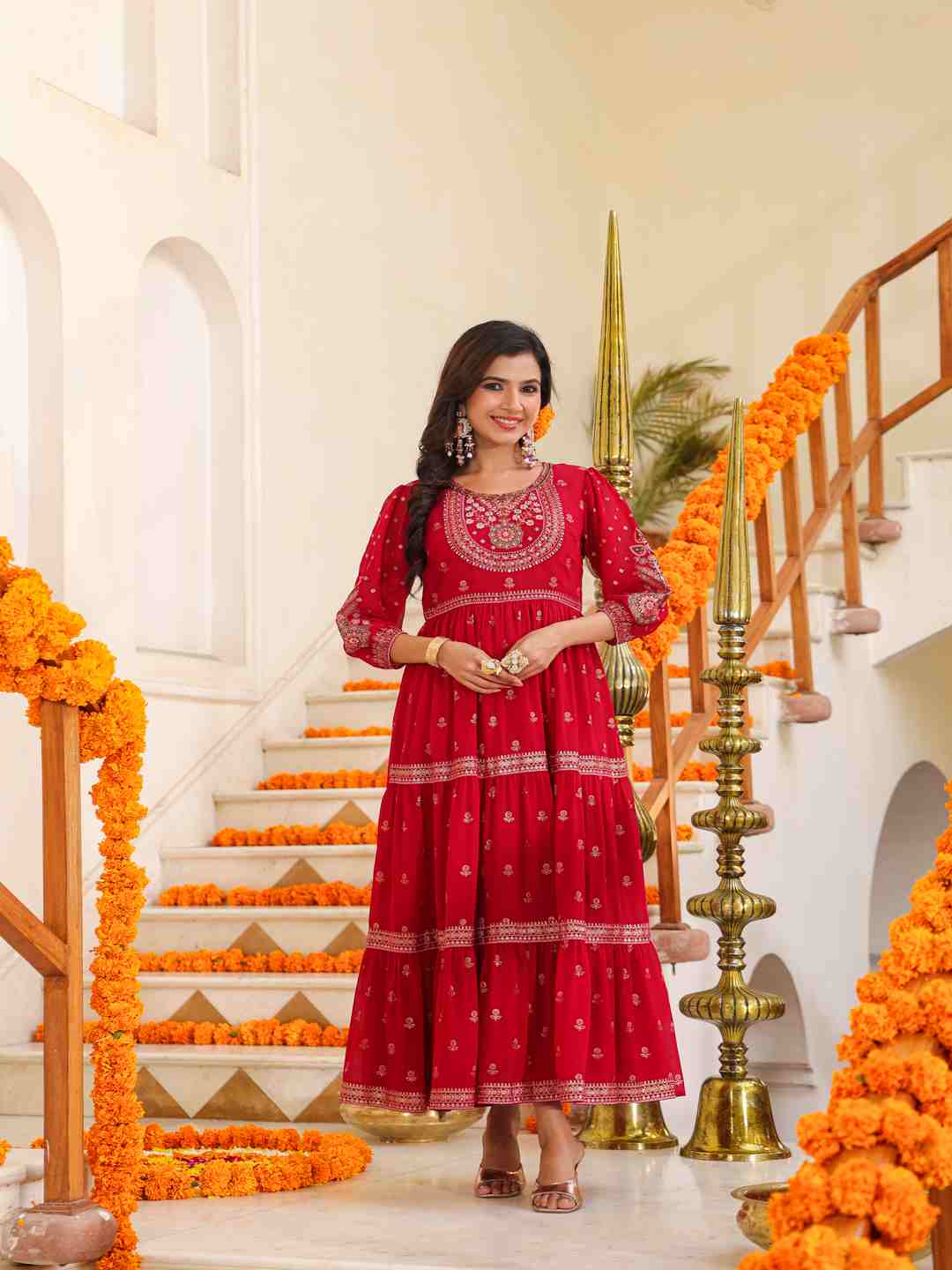 Red Georgette Printed Tiered Maxi Dress