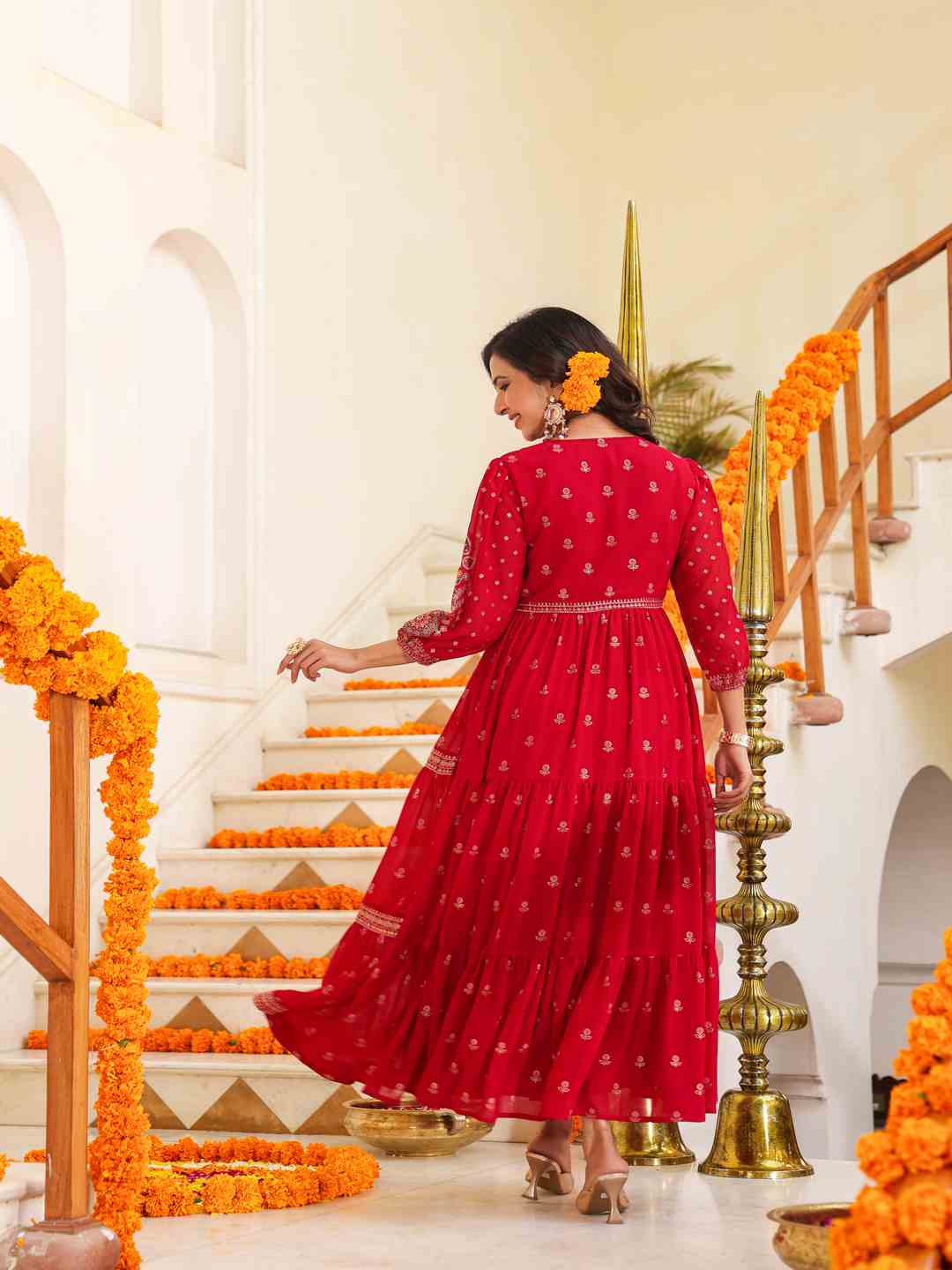 Red Georgette Printed Tiered Maxi Dress