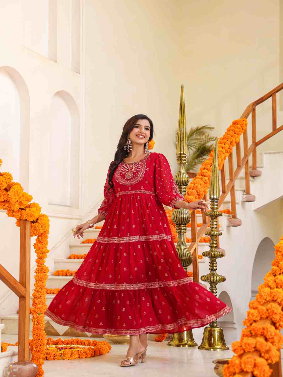 Red Georgette Printed Tiered Maxi Dress