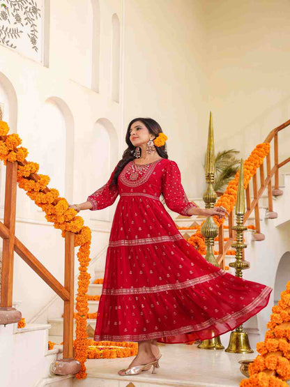 Red Georgette Printed Tiered Maxi Dress