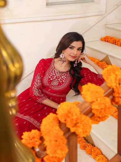 Red Georgette Printed Tiered Maxi Dress