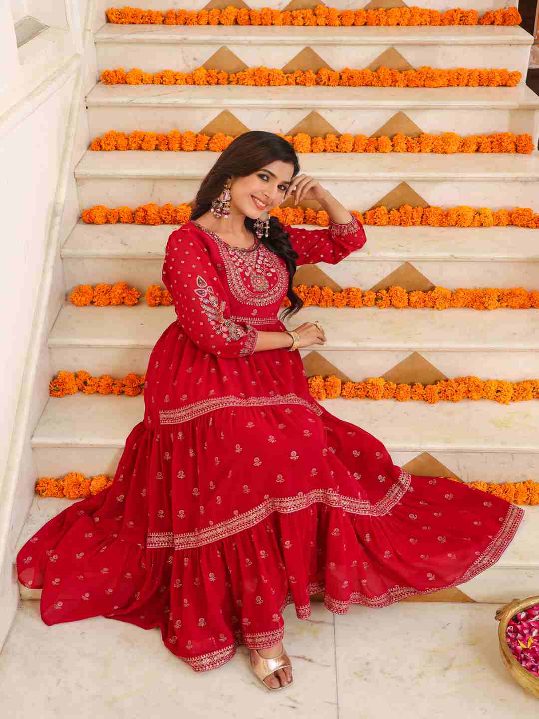Red Georgette Printed Tiered Maxi Dress
