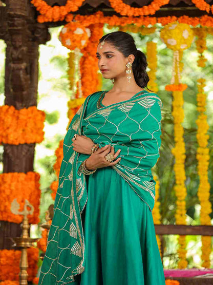 Green Chanderi Anarkali Gota Patti Kurta & Dupatta Set