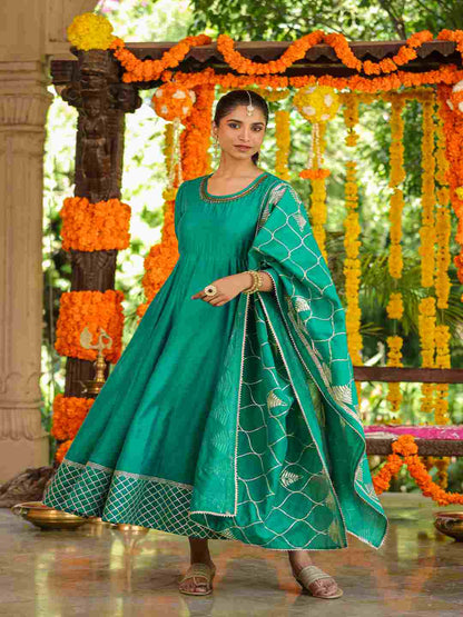 Green Chanderi Anarkali Gota Patti Kurta & Dupatta Set