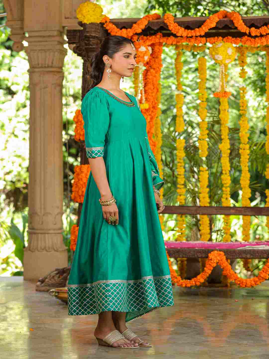 Green Chanderi Anarkali Gota Patti Kurta & Dupatta Set
