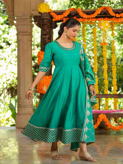 Green Chanderi Anarkali Gota Patti Kurta & Dupatta Set