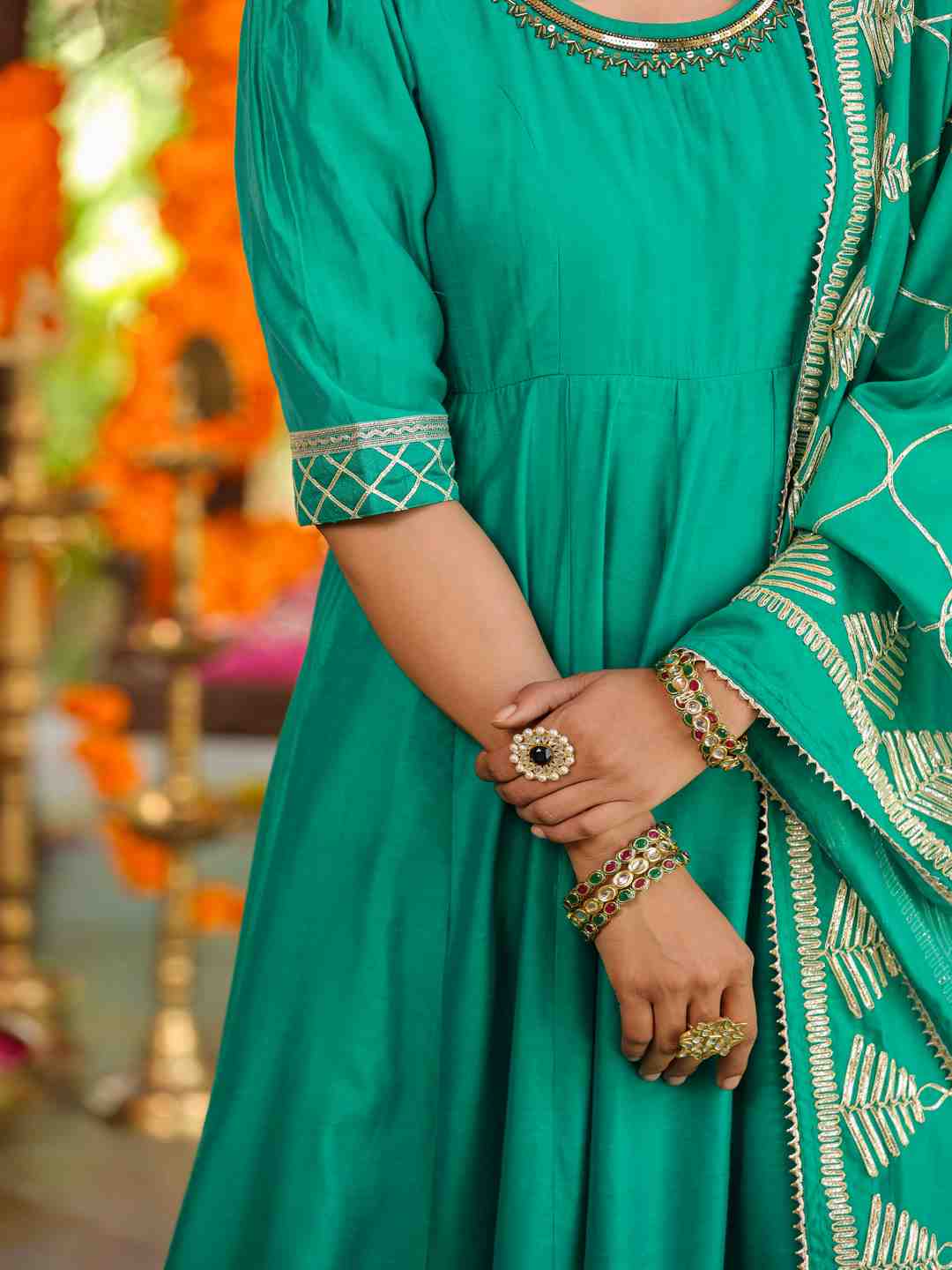 Green Chanderi Anarkali Gota Patti Kurta & Dupatta Set