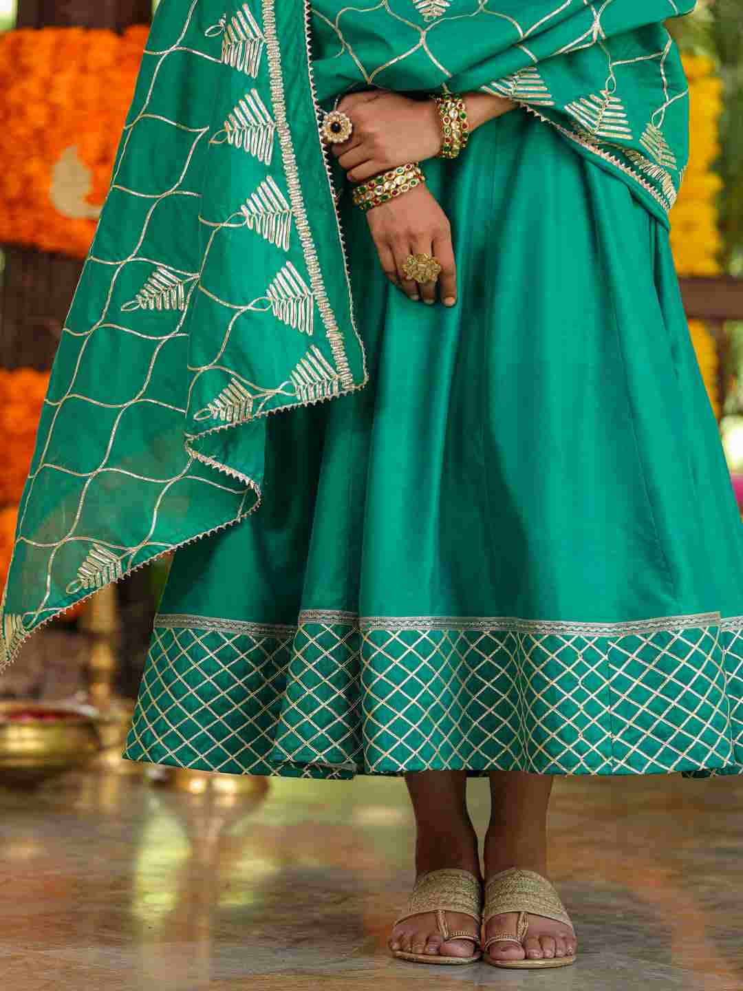 Green Chanderi Anarkali Gota Patti Kurta & Dupatta Set