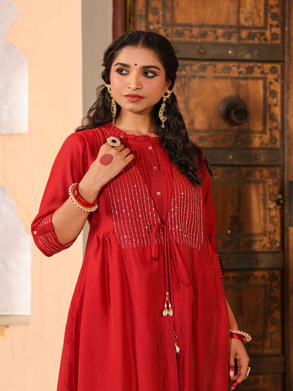 Maroon Chanderi Embroidered Jacket Style Kurta Dress