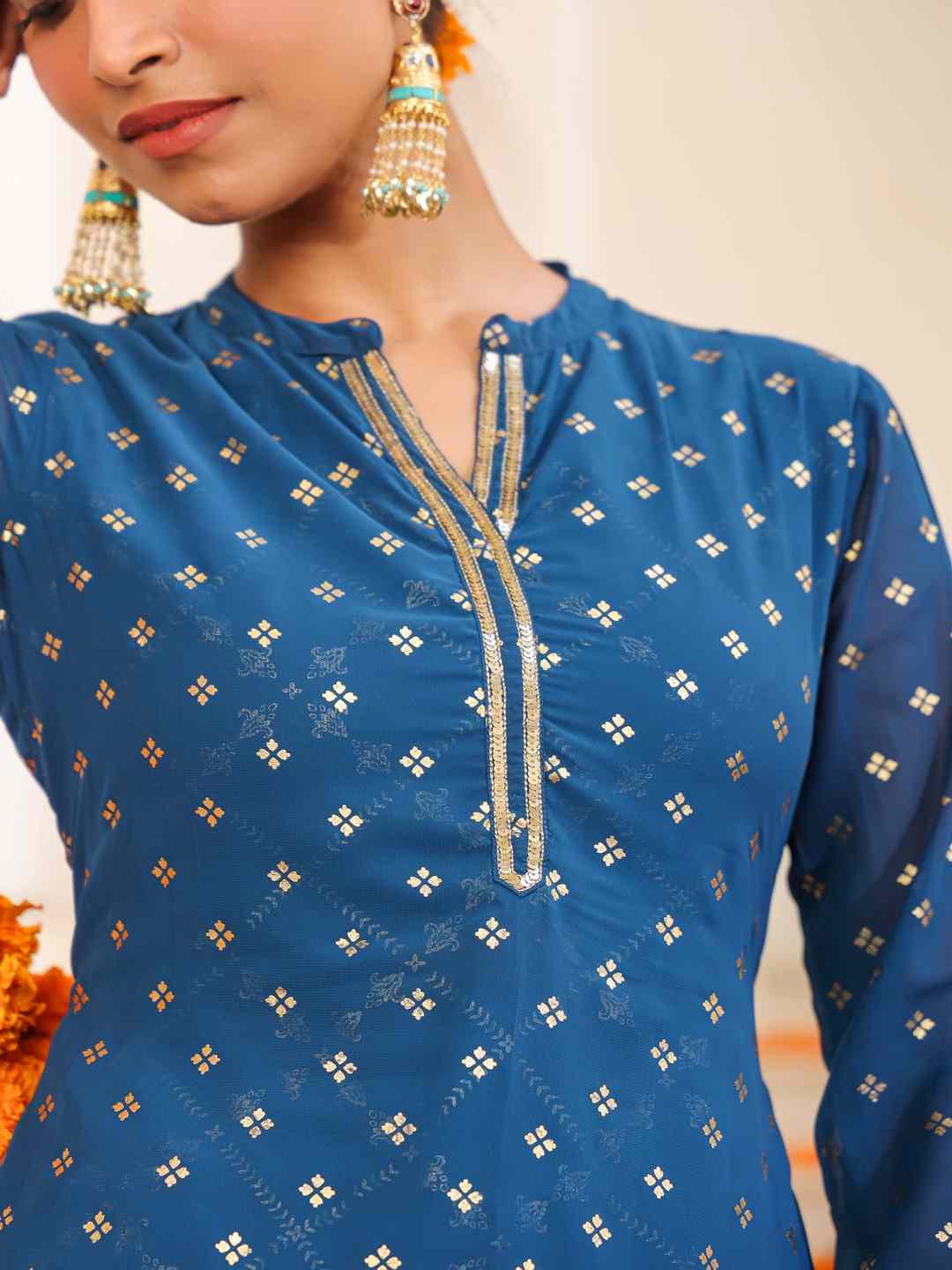 Indigo Georgette Printed Draped Maxi Dress