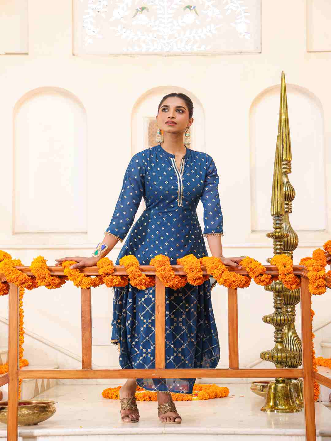 Indigo Georgette Printed Draped Maxi Dress