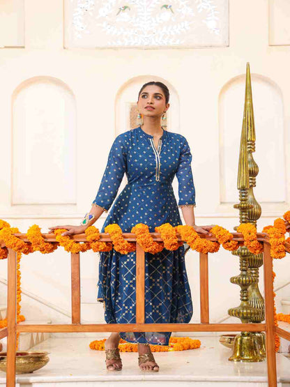 Indigo Georgette Printed Draped Maxi Dress