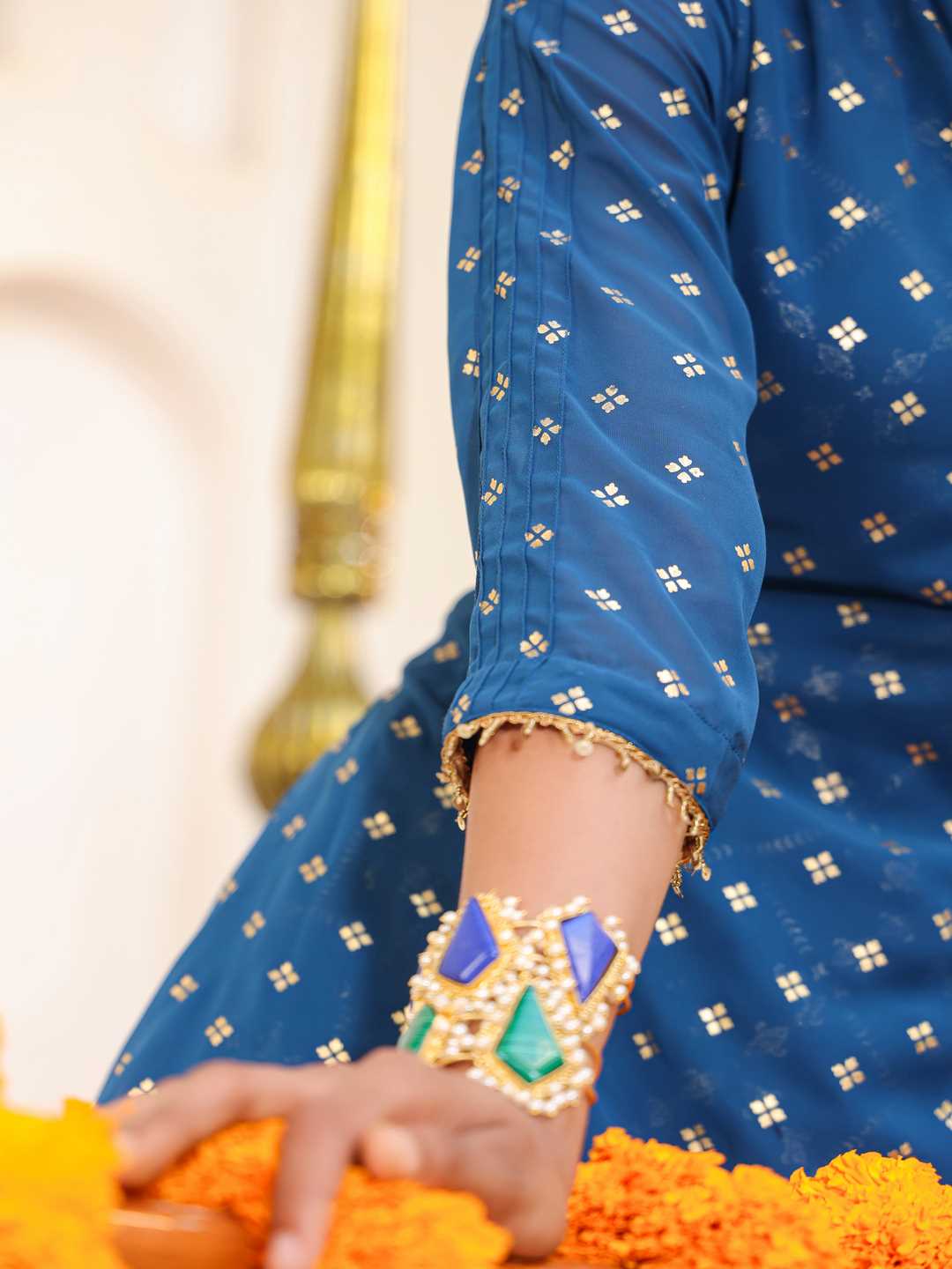 Indigo Georgette Printed Draped Maxi Dress