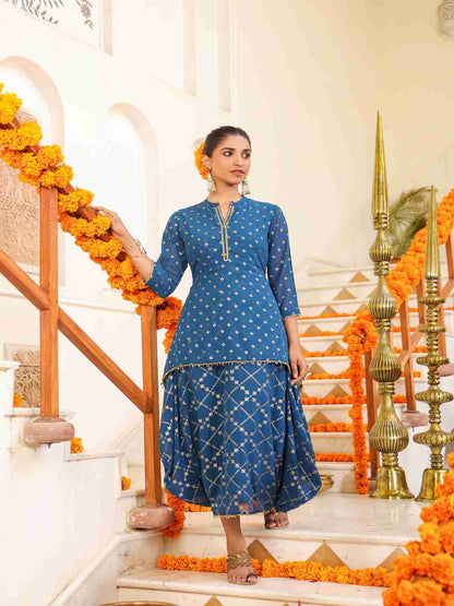 Indigo Georgette Printed Draped Maxi Dress