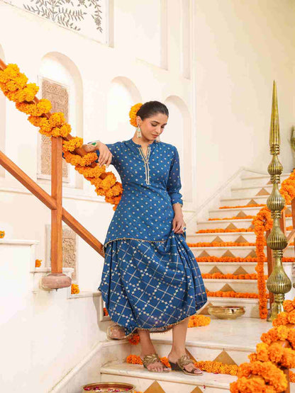 Indigo Georgette Printed Draped Maxi Dress