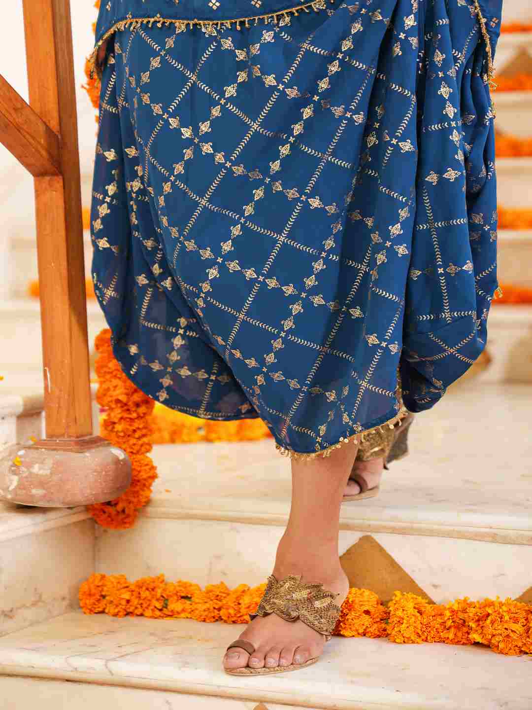 Indigo Georgette Printed Draped Maxi Dress