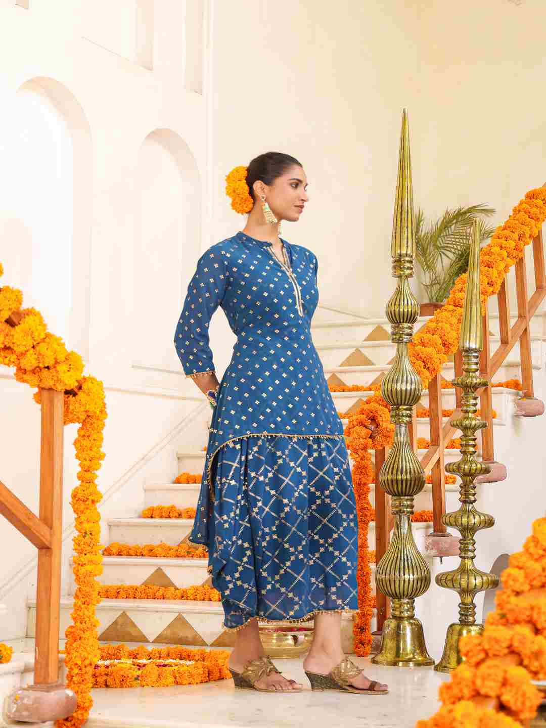 Indigo Georgette Printed Draped Maxi Dress