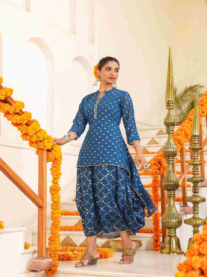 Indigo Georgette Printed Draped Maxi Dress