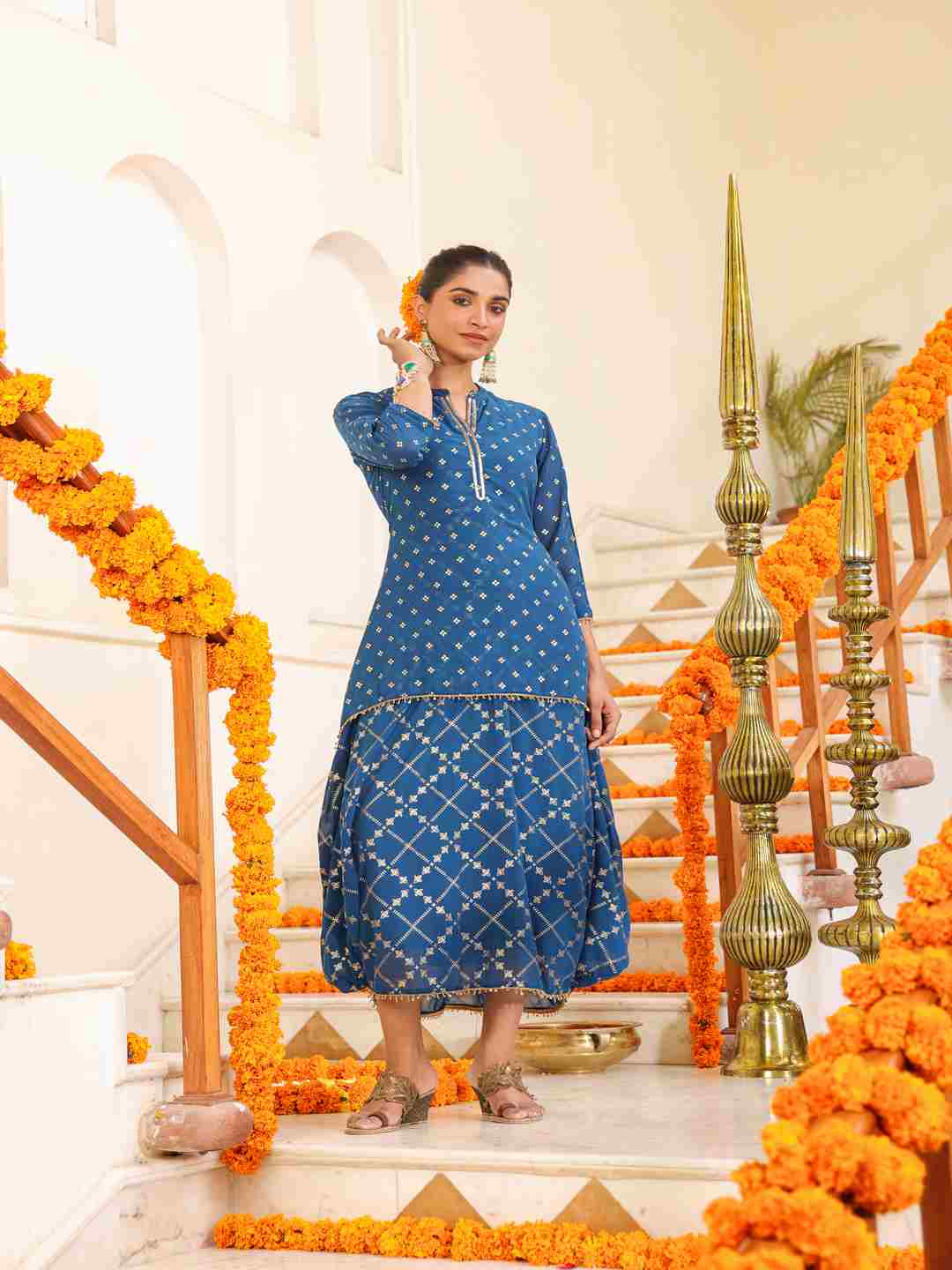 Indigo Georgette Printed Draped Maxi Dress