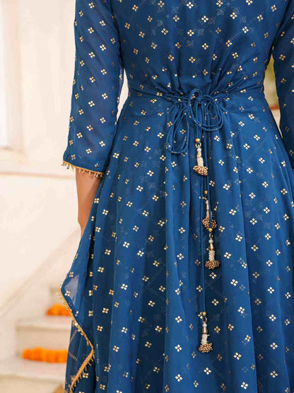 Indigo Georgette Printed Draped Maxi Dress