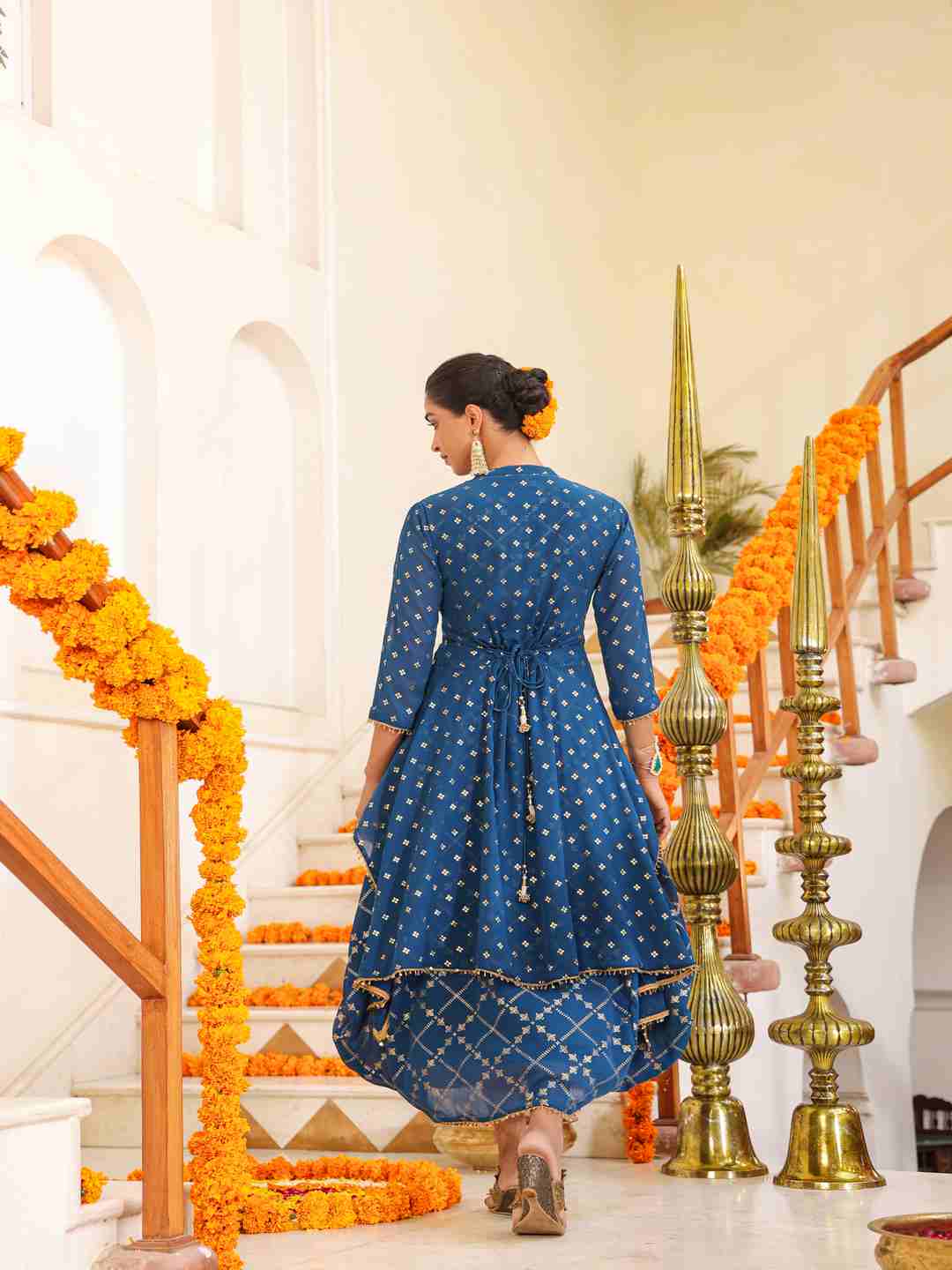 Indigo Georgette Printed Draped Maxi Dress