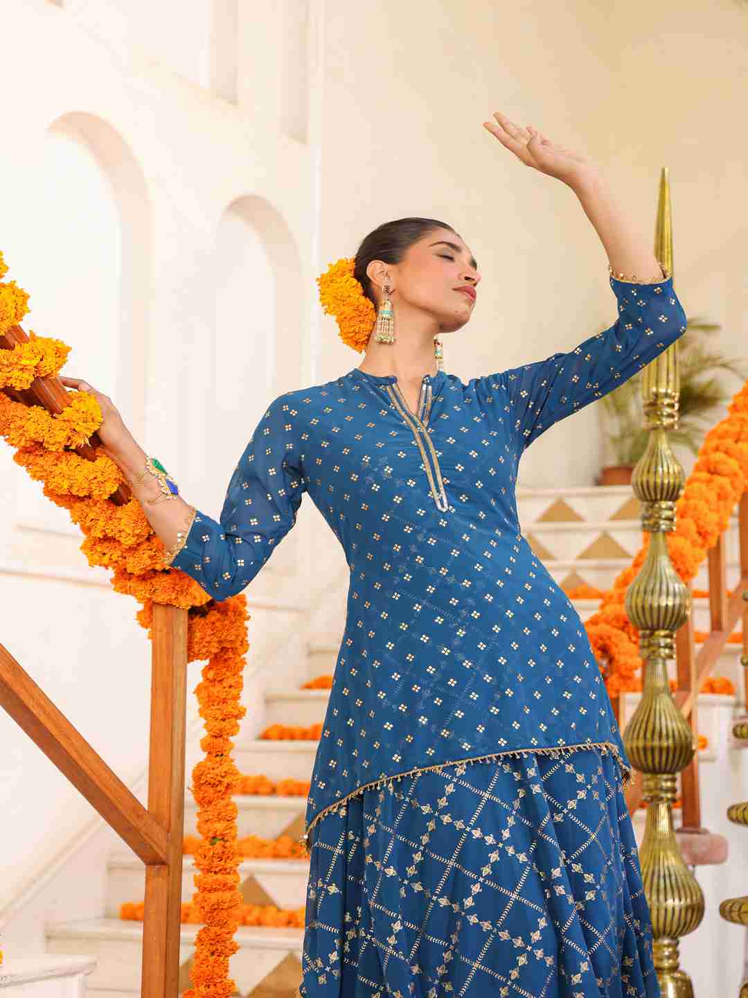 Indigo Georgette Printed Draped Maxi Dress