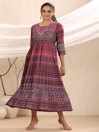 Purple Muslin Maxi Dress With Ethnic Motif Print With Sequins & Beads Work