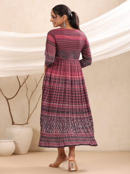 Purple Muslin Maxi Dress With Ethnic Motif Print With Sequins & Beads Work