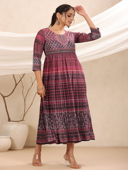 Purple Muslin Maxi Dress With Ethnic Motif Print With Sequins & Beads Work